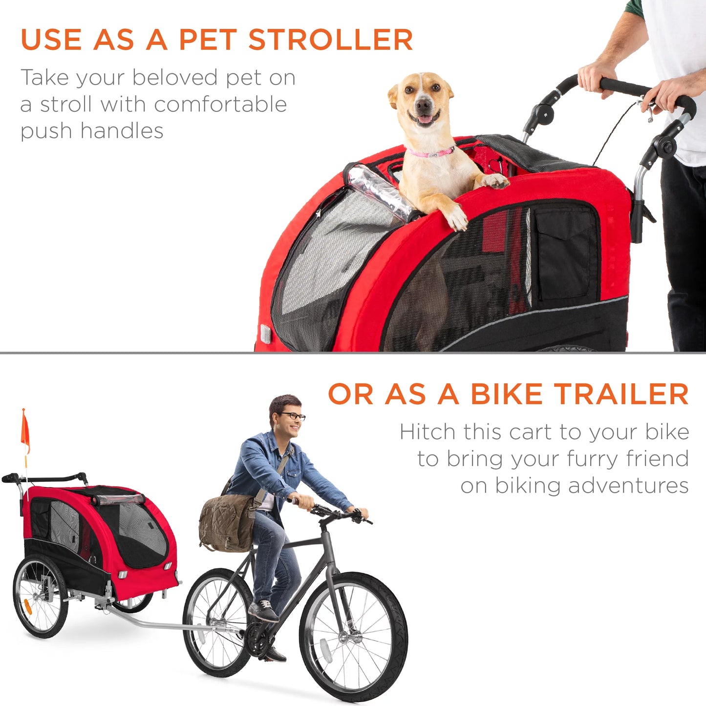 2-In-1 Dog Bike Trailer, Pet Stroller Bicycle Carrier W/ Hitch, Brakes, Visibility Flag, Reflector