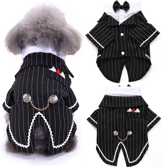 Dog Black Suit Costume, Pet Halloween Costume with Bow Tie, Formal Boston Tuxedo Shirt for Small Medium Large Puppy Dogs, Cat Dark Bride Costume Prince Wedding Clothes