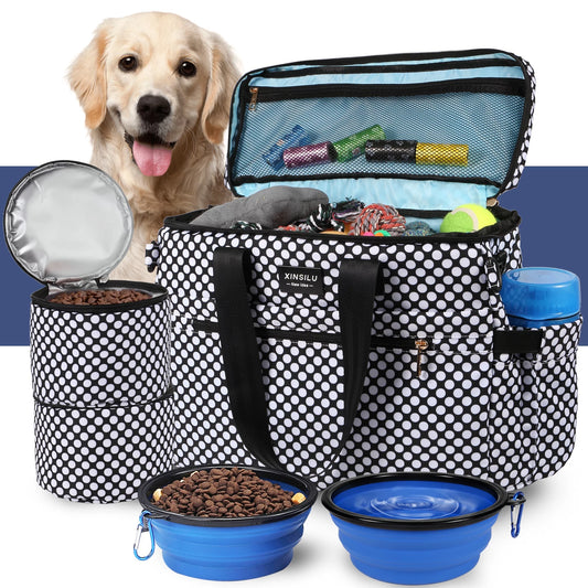 Dog Travel Bag, Weekend Pet Travel Set for Dog and Cat, Airline Approved Tote Organizer with Multi-Function Pockets-Polka Dots