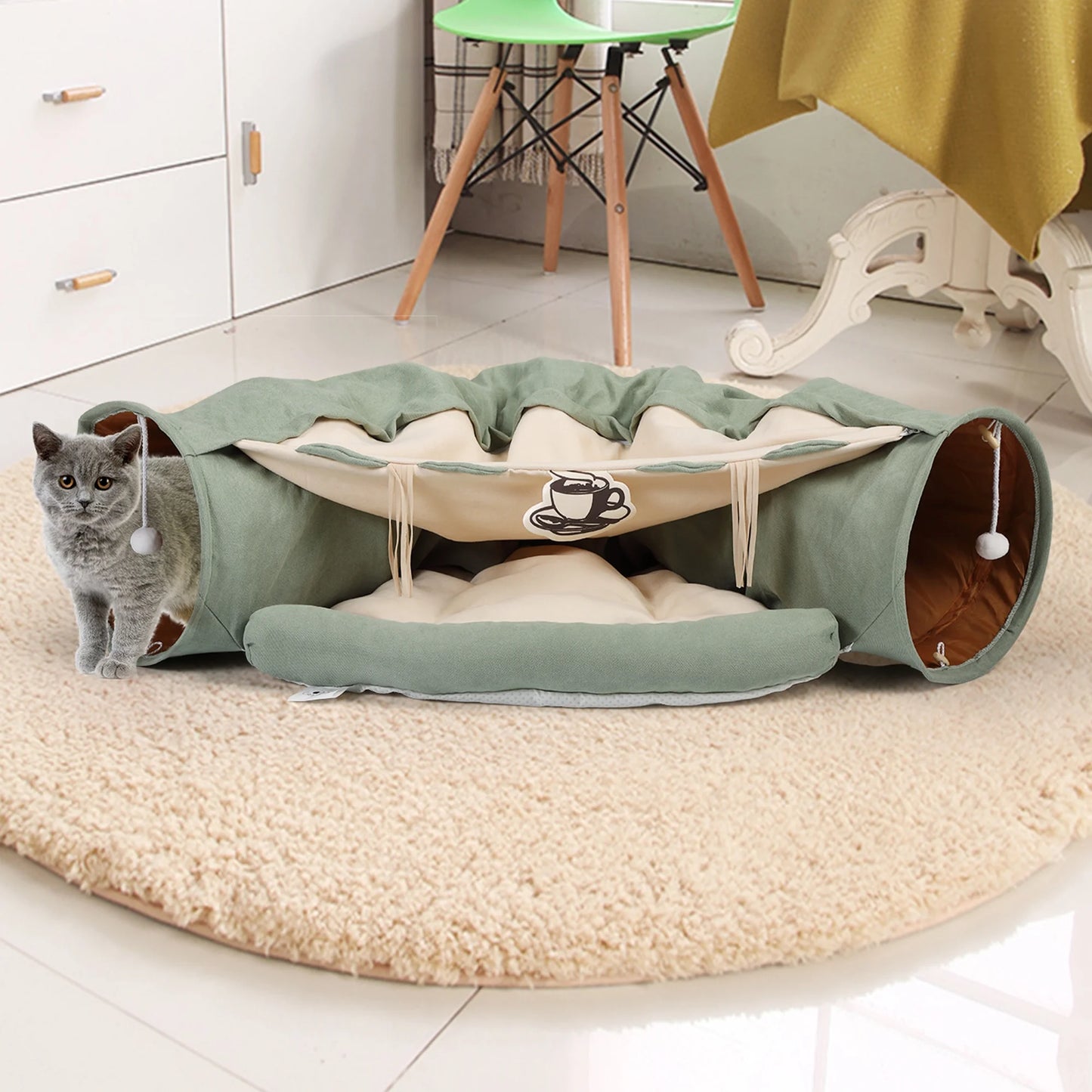 2 in 1 Cat Tunnel Beds for Indoor Cat Play Mat Scratch Tunnel Collapsible Cat House