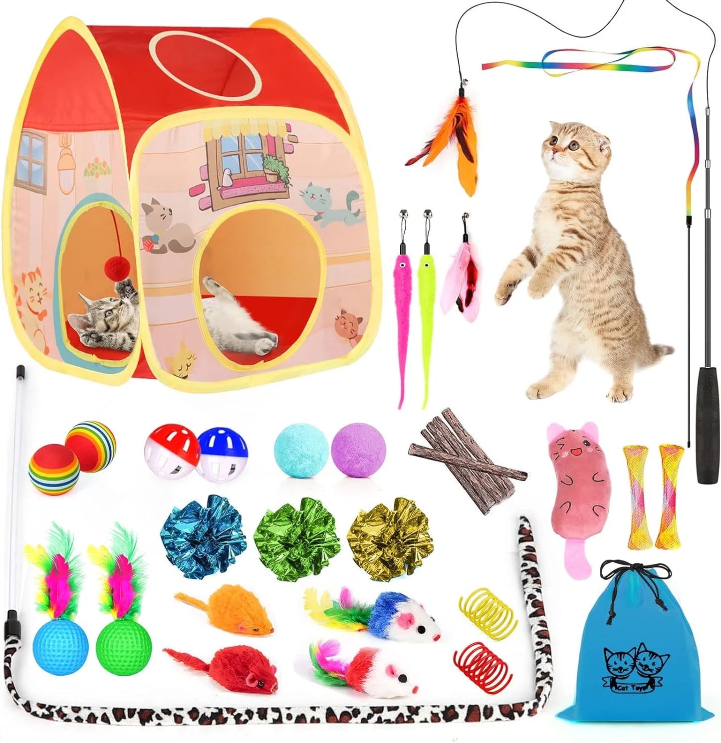 34Pcs Cat Toys Kitten Toys, Interactive Kitty Toys with Collapsible Cat Tunnels Tent, Cat Wand Catnip Feather Teaser